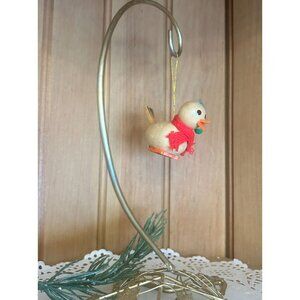 Vintage 1980 Dakin Wooden Duck Christmas Ornament Red Scarf Green Earmuffs